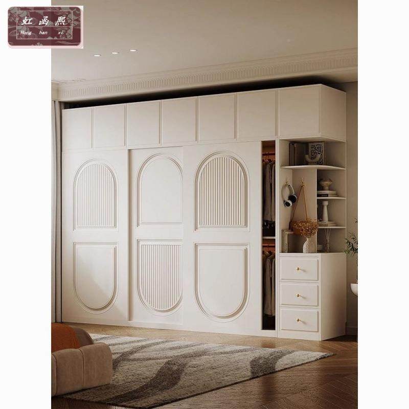 法式油风推拉门奶衣柜型经济型无品牌/储物小柜实木质户趟门柜子