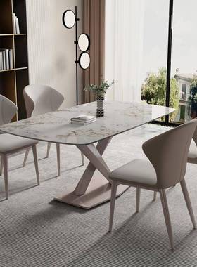 025新款意3303式餐椅家用现代简约舒靠背皮椅革铁适艺软包2椅岩板