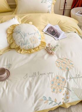 田园风棉100支长32353绣绒棉被四件套植物花卉刺全纯棉套轻奢床上