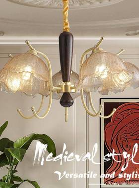 奶油风法复古花朵吊灯木轻奢美式厅式餐厅卧室全77513铜胡桃实木