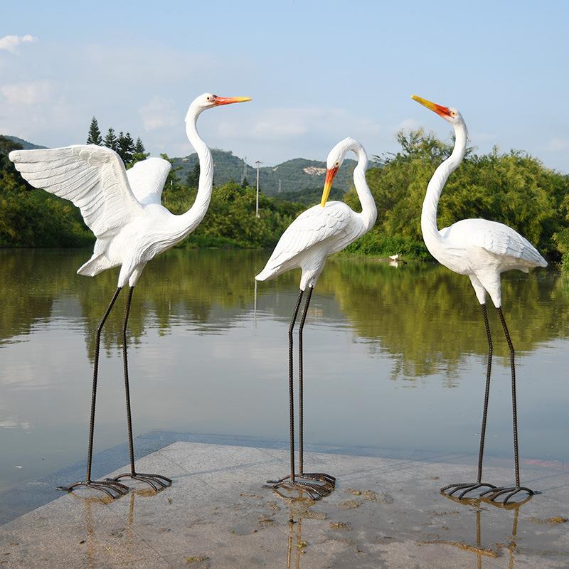 玻钢仿真白鹭雕塑花水园庭院假池塘户外园林2020新款景观山装饰璃