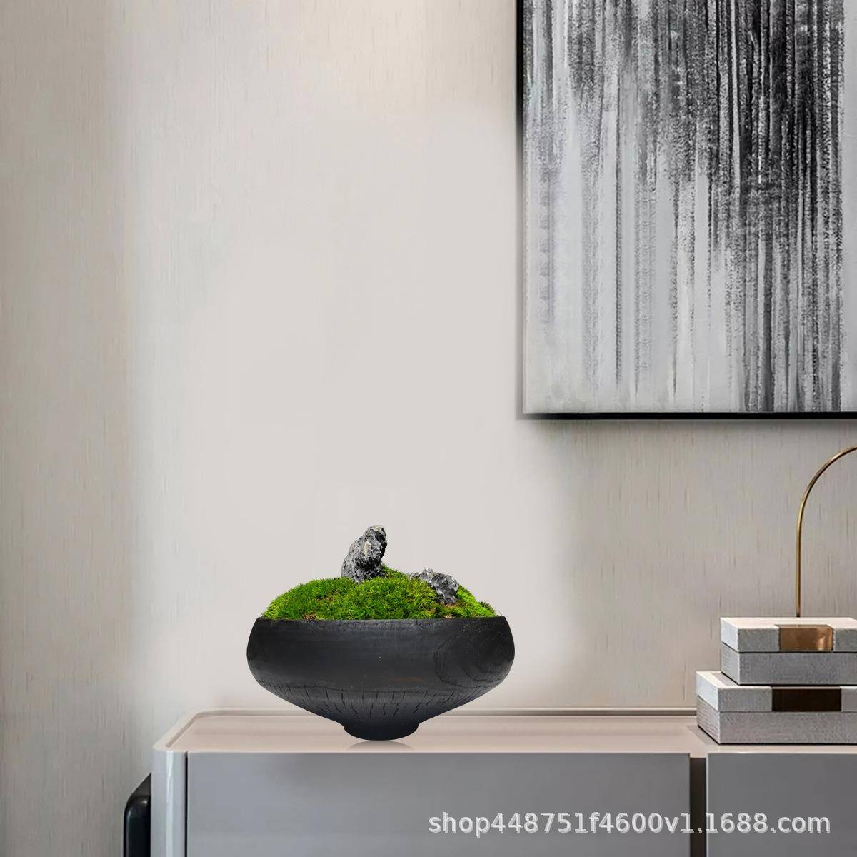 生苔藓盆景20688碳化木花器仿真植物新中桌面花艺客厅永玄台关式