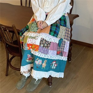 森系复古碎花拼接中长款显瘦半身裙秋季立体蝴蝶结田园风绣花长裙