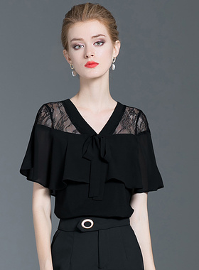 黑色蕾丝上衣女夏洋气v领荷叶边雪纺衫短袖2021新款夏装修身t恤女