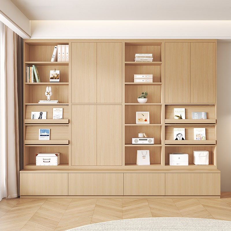 原木风书房书架卡座一体整墙书柜到顶办公文件摆件展示柜实木定制