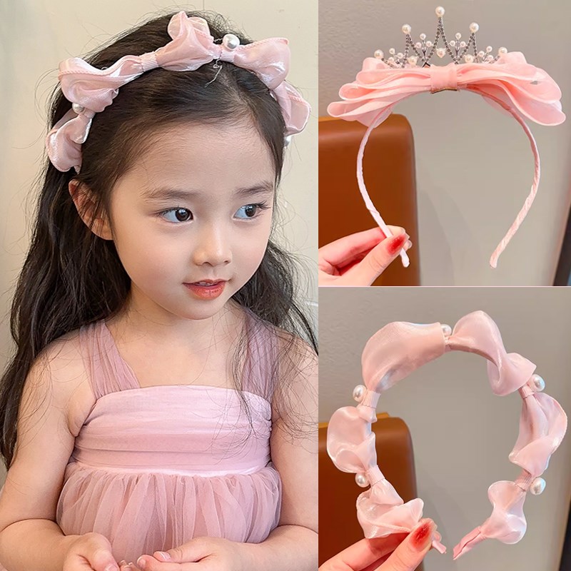 儿童粉色皇冠小女孩生日蝴蝶结发饰宝宝发箍2024女童公主发夹