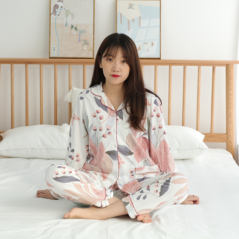日式睡衣女春秋高支纯棉长袖两件套休闲高腰裤针织棉家居服可外穿