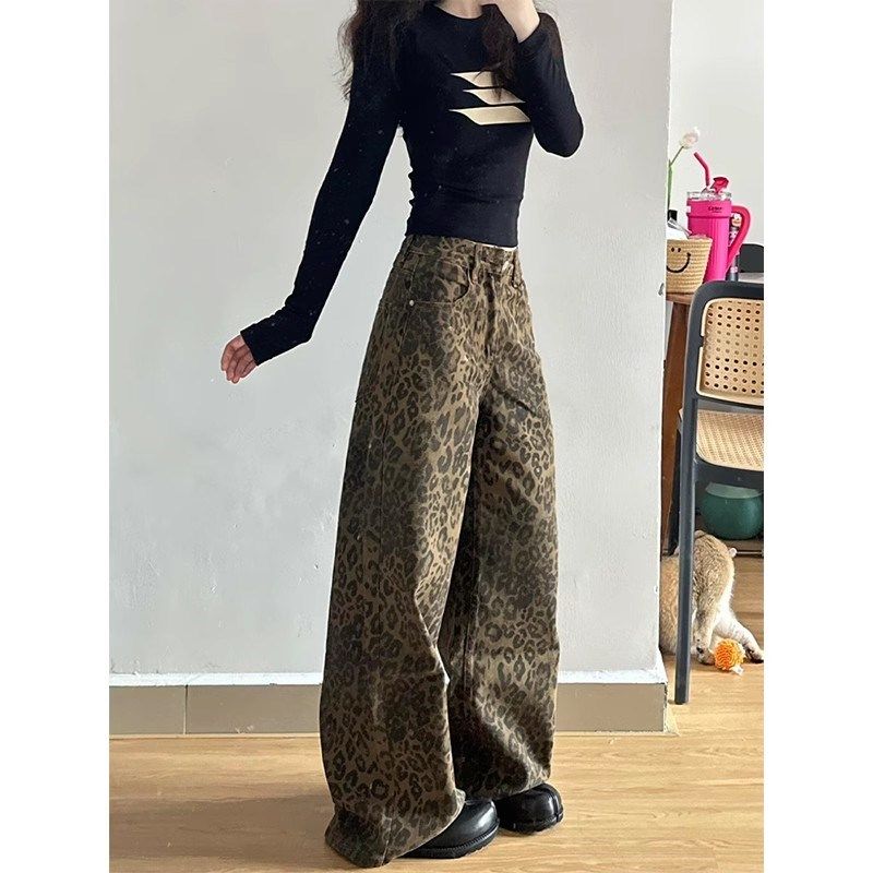 美式豹纹阔腿牛仔裤女小个子秋季款设计感复古高腰显瘦宽松直筒裤,女装/女士精品,卫裤,淘宝优惠券,粉丝福利购,淘宝优惠卷
