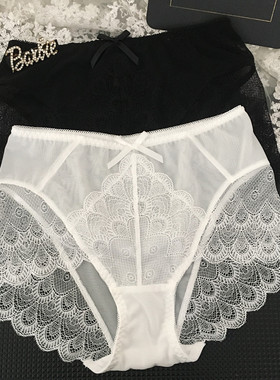 大码白色蕾丝中腰女士内裤头黑色收腹包臀无痕性感网纱透气三角裤