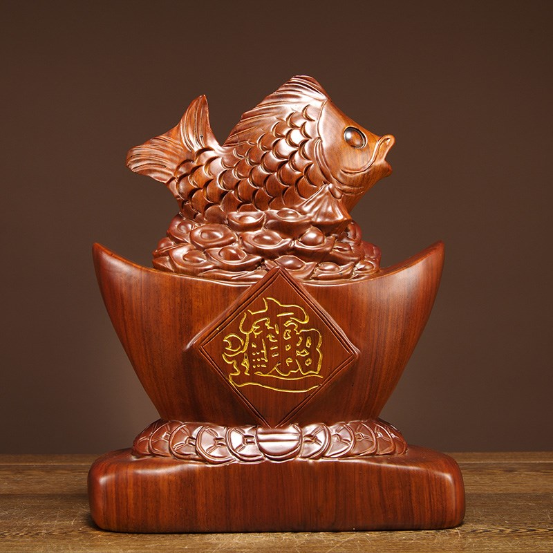 花梨木雕鲤鱼摆件富贵有余家居电视柜装饰实木乔迁新居礼品工艺品