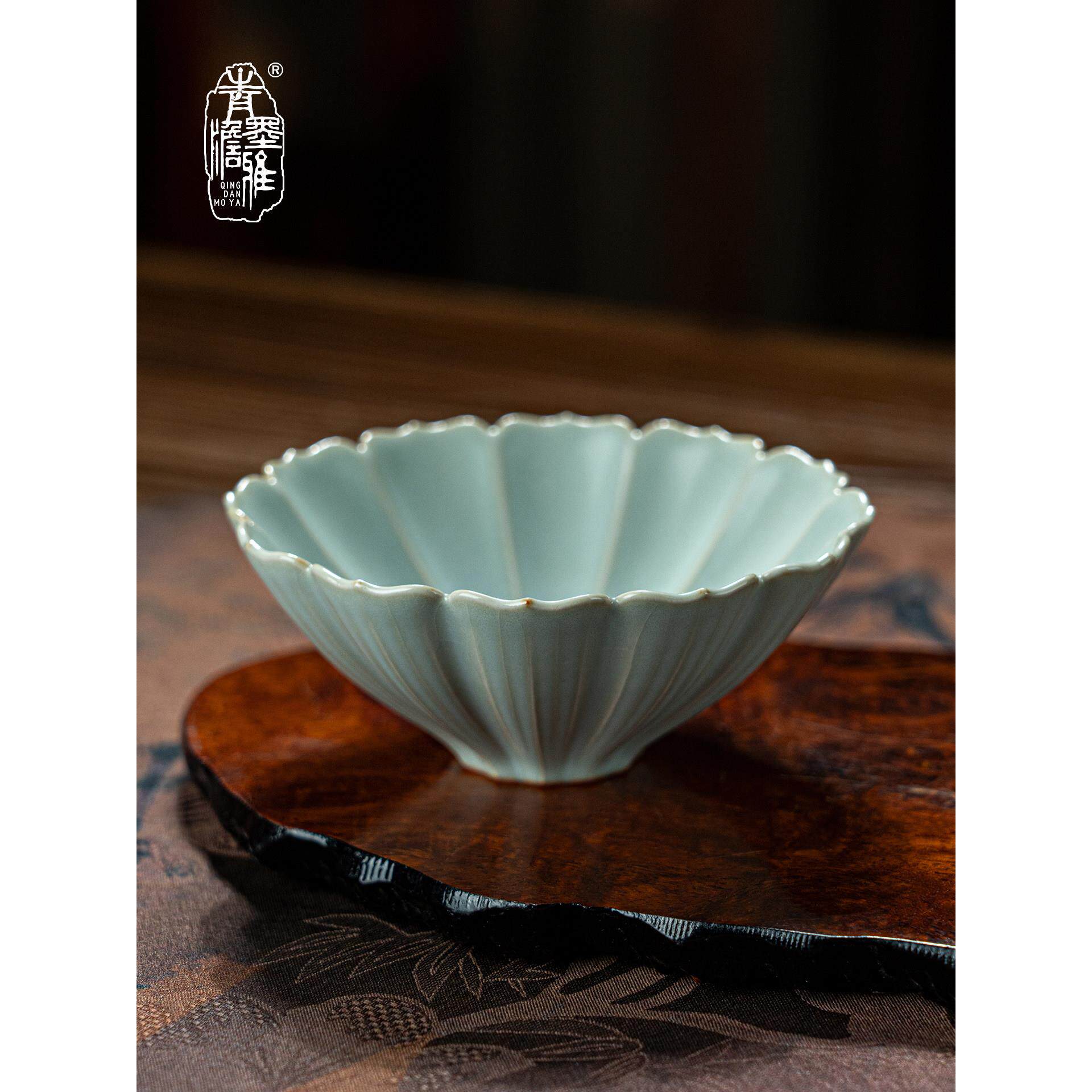青澹墨雅汝窑茶杯主人杯单杯花口杯陶瓷品茗杯景德镇汝瓷茶具茶盏
