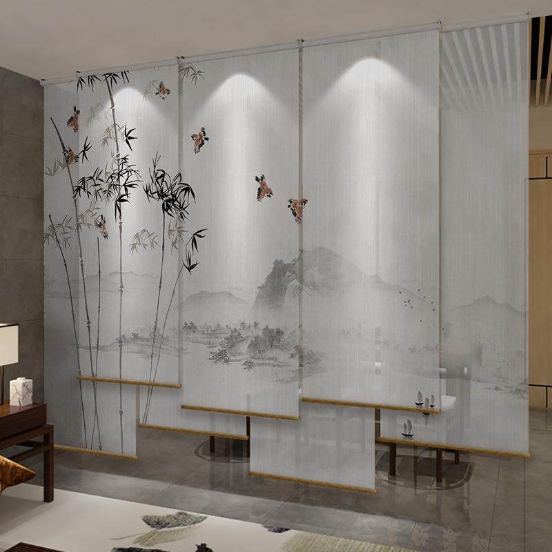 半水墨帘竹双面透景364屏风纱透中式卷帘隔断帘帘水墨挂窗帘纱透