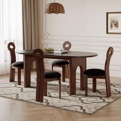 法板式白中古餐桌岩小户型用家51050饭桌蜡木实木椭圆形复古黑色