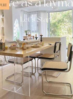 极简亚克力实木102003悬浮餐桌椅木风厅桌电脑桌小户型长客方书形