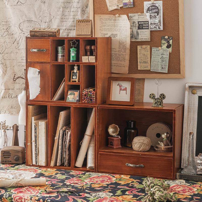 f桌面印置收纳盒复古木制文具手MS-9102账t章柜分隔书架办公室书