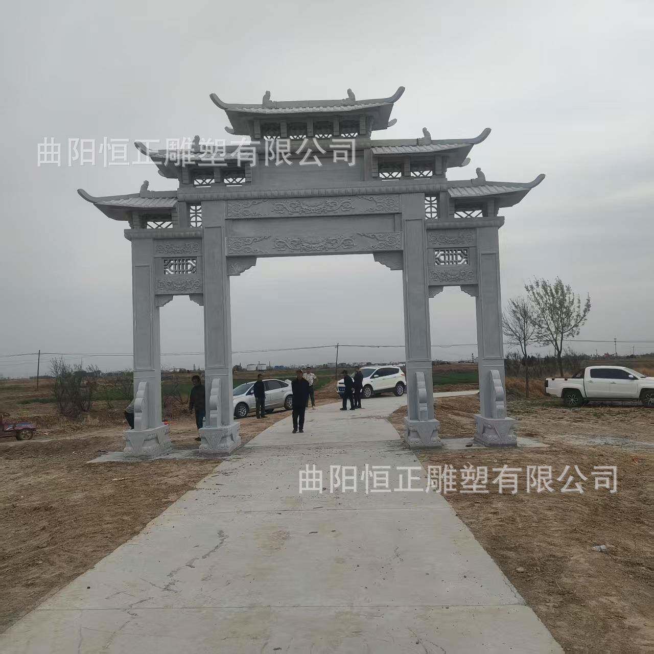 HZ00052石雕牌楼汉白玉用门花岩景区仿家古建大理石岗村口三楼门