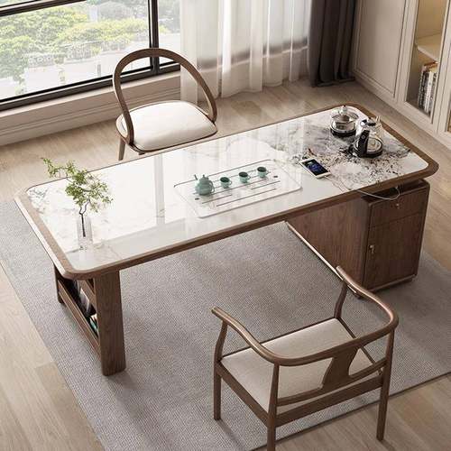 205款实木岩米板茶EZE台家用阳台新中式茶桌椅3组2合1.办公室泡茶