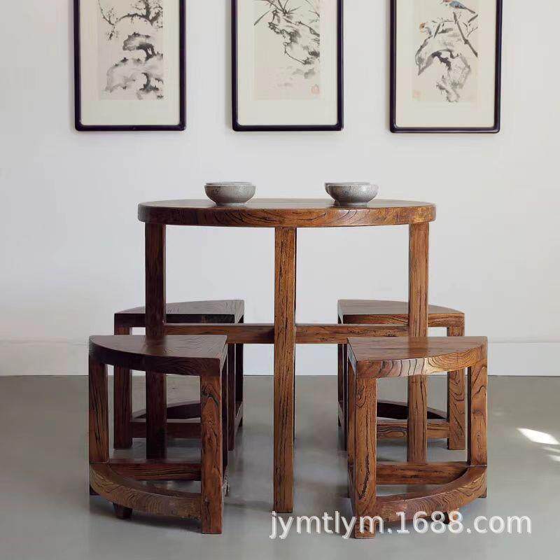 榆木小圆家用客厅吃饭餐桌饭店多人老合桌VHD椅榆木家具组桌喝茶