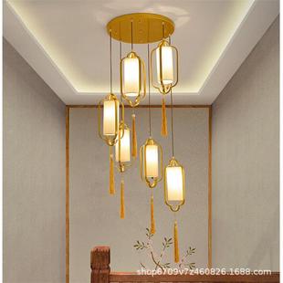 吊78275灯楼梯餐饮 楼长款 新中吊灯餐厅旋转楼梯间红单头店式 复式