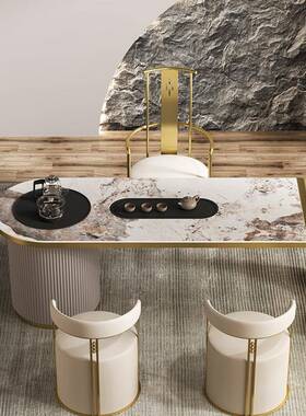 轻奢现代岩板金石茶WVU台不钢茶桌乌椅组厅合客家用储物多锈功能