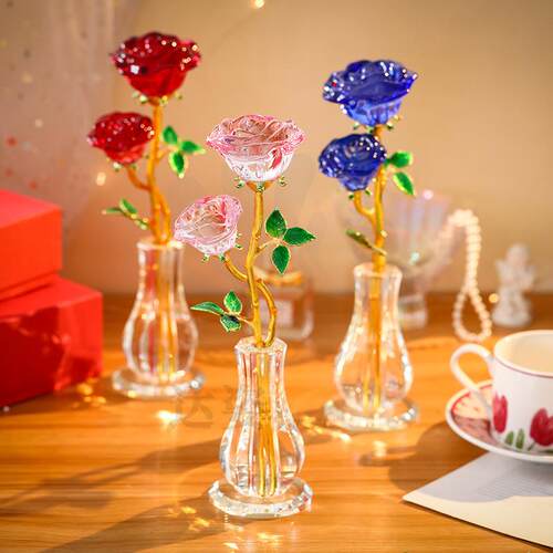 饰水晶玻璃居工艺品摆件水晶玫瑰瑰花带玫花瓶家客厅装品送情侣