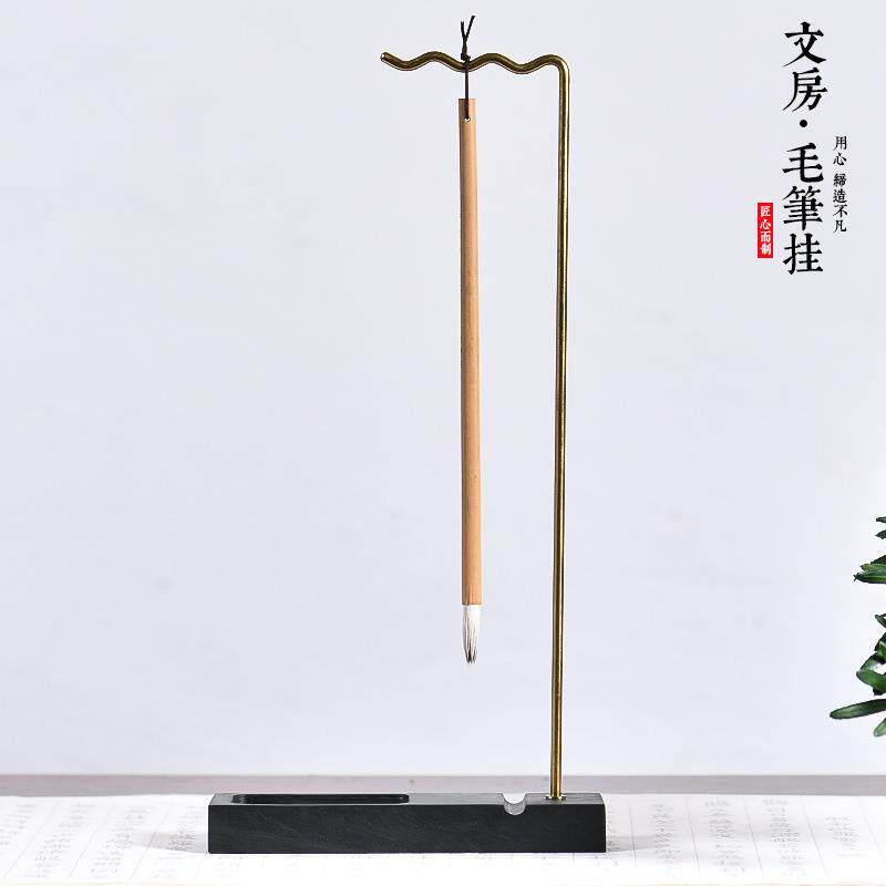 创新中式可拆卸原石毛意笔架笔挂简现代学波浪长石生文房铜四宝约
