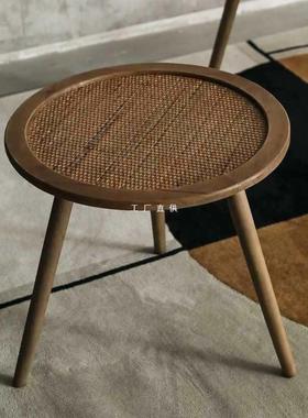 西hz201208藤米亚美式复古实木茶几波圆编沙发边几家居阳台桌民宿