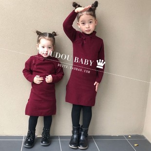 女童旗袍连衣裙公主裙中国风红色过年服2021春秋儿童针织旗袍裙子