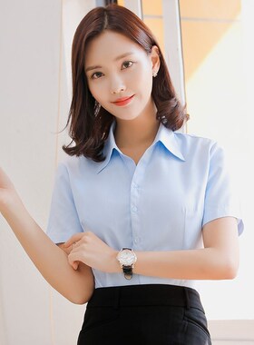 衬衫女短袖修身显瘦夏季新款蓝色大码V领衬衣职业正装工作服