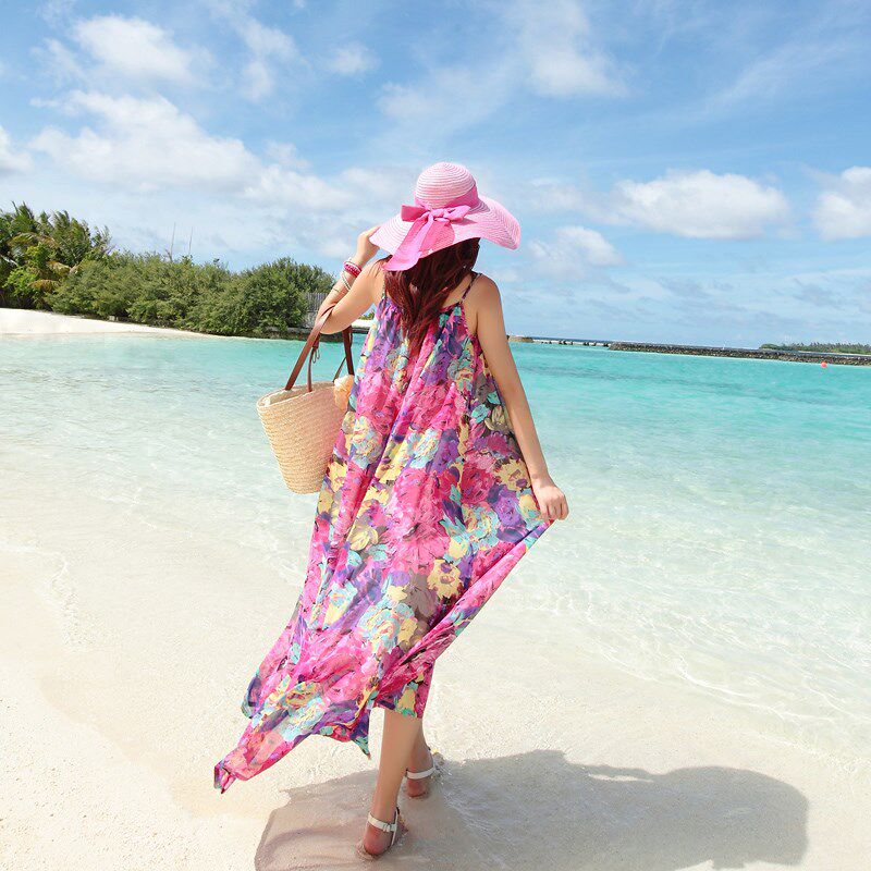 燊杰沙滩裙女海边度假泰国三亚波西米亚长裙雪纺夏碎花吊带连衣裙