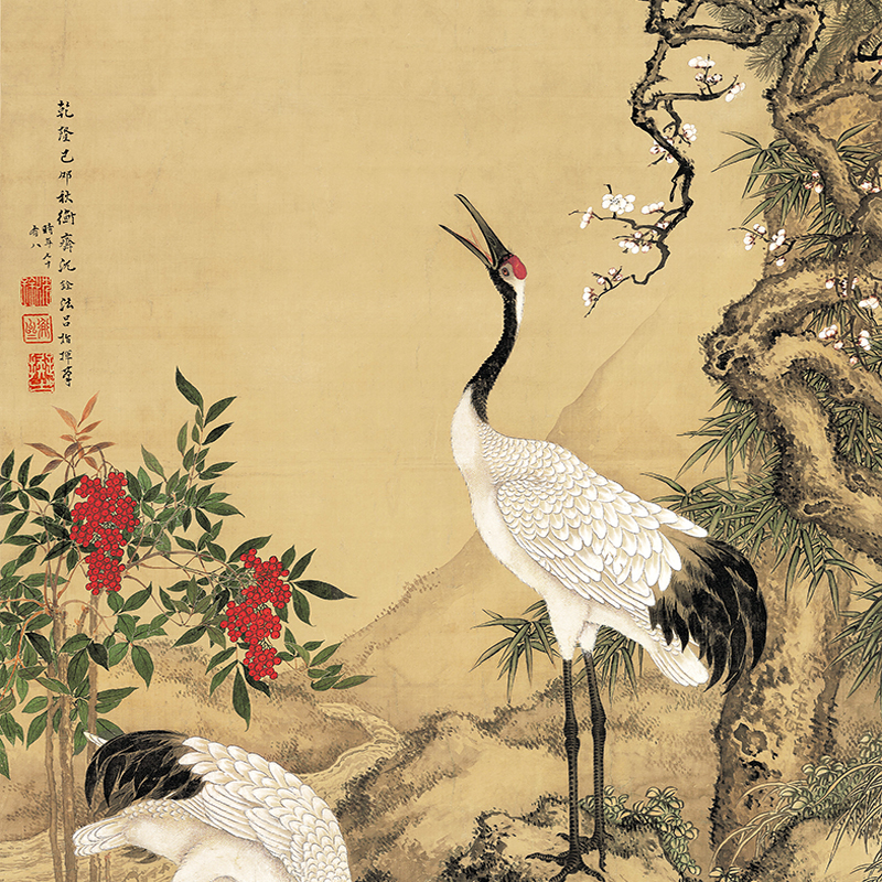 清沈铨松梅双鹤图明清仿古装饰书画国画高清微喷画稿复制临摹挂画