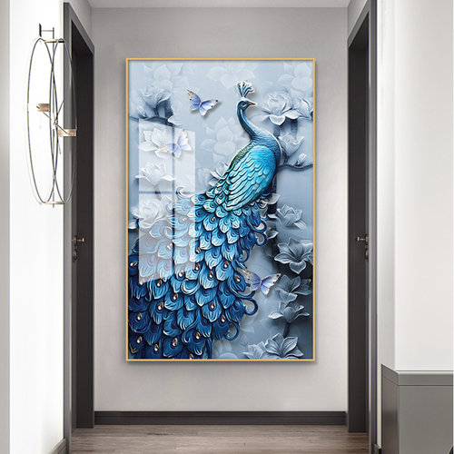 孔雀图入户玄关装饰画寓意好凤凰挂画竖版新中式招财走廊尽头壁画