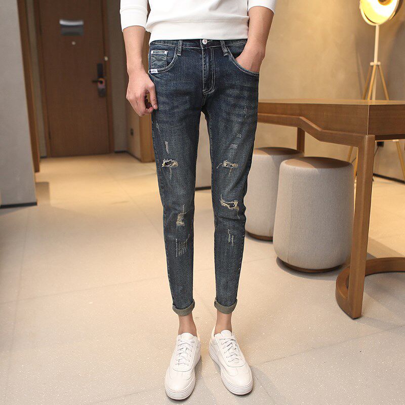 155款26小码XS矮小个子160男生九分紧身牛仔裤学生27号破洞小脚裤