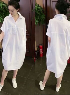 白色衬衫女韩国东大门夏季宽松bf风大版棉中长款大码短袖衬衣女夏