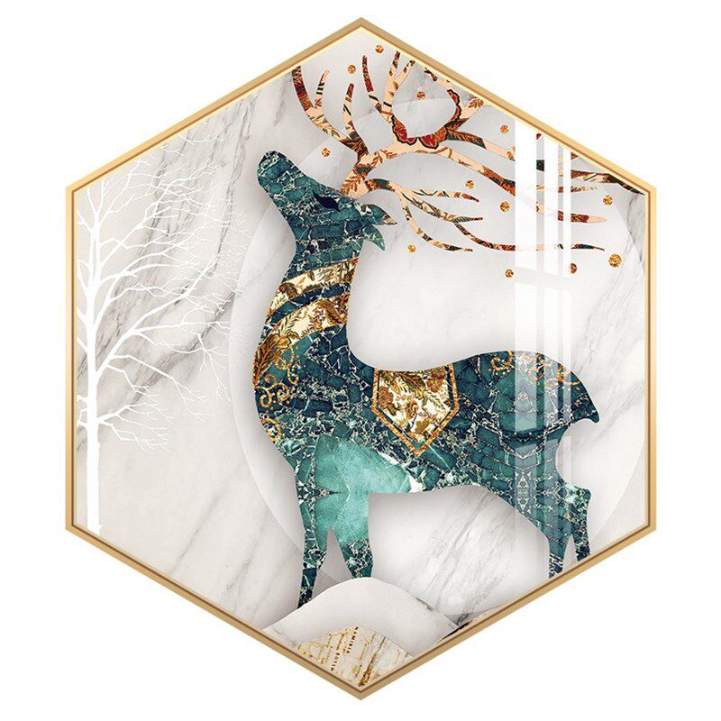 北欧轻奢大气客厅装饰画招财鹿创意六边形沙发背景墙餐厅挂画
