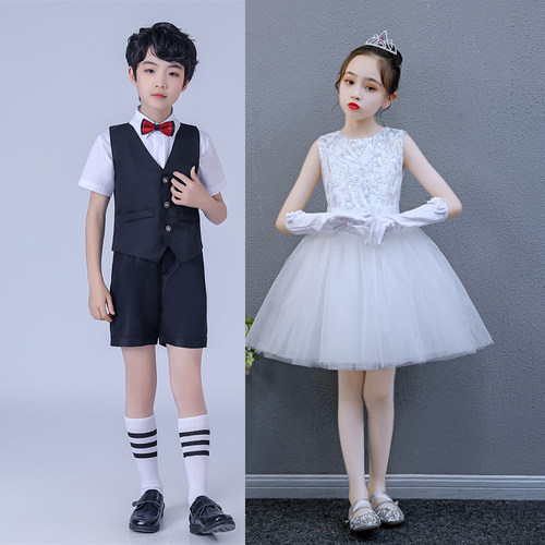 女童公主裙儿童蓬蓬纱裙白色礼服钢琴六一演出服毕业表演服装夏装