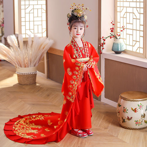儿童贵妃古装拖尾 唐朝皇后娘娘公主唐装仙女孩宫廷COS表演出汉服