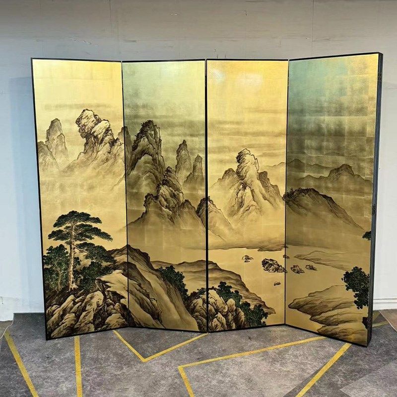 纯手绘金箔山水图定制漆画屏风可够动客厅背景室隔断屏风无须安装