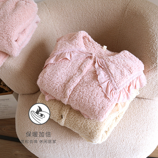 冬季羊羔绒睡衣女加厚保暖长袖可爱公主风家居服套装甜美粉色卡其
