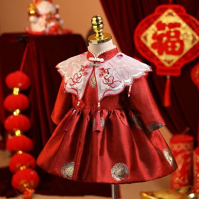 中国风一周岁女宝宝礼服公主裙中式儿童旗袍红色婴儿抓周宴会唐装