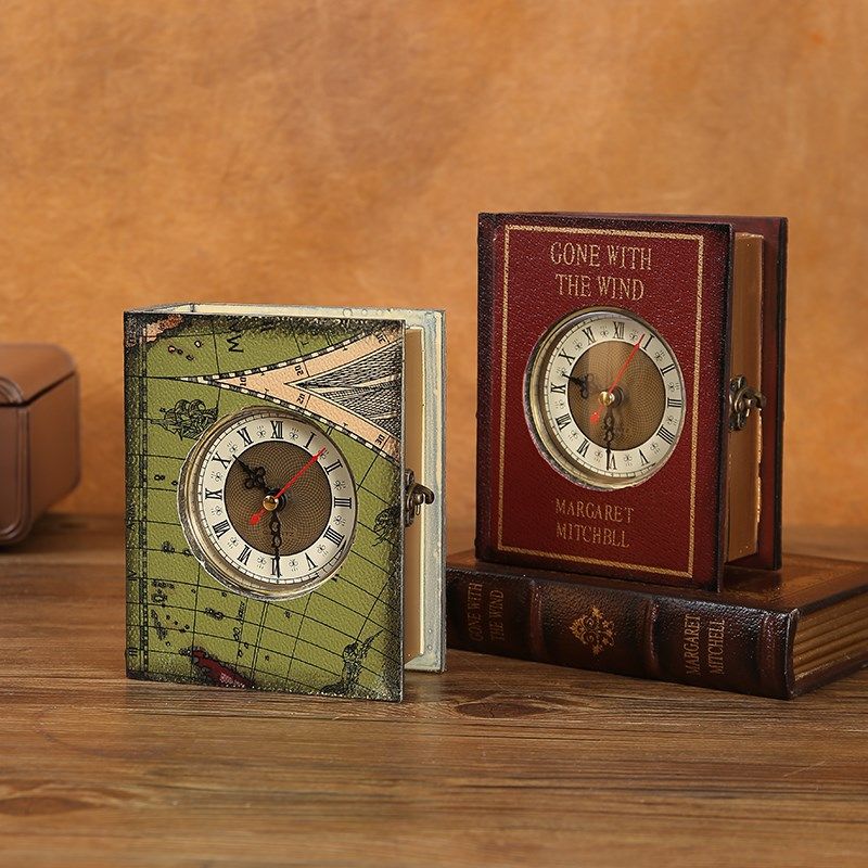 复古木质书形钟表假书摆件家用客厅酒柜桌面装饰品收纳盒拍照道具