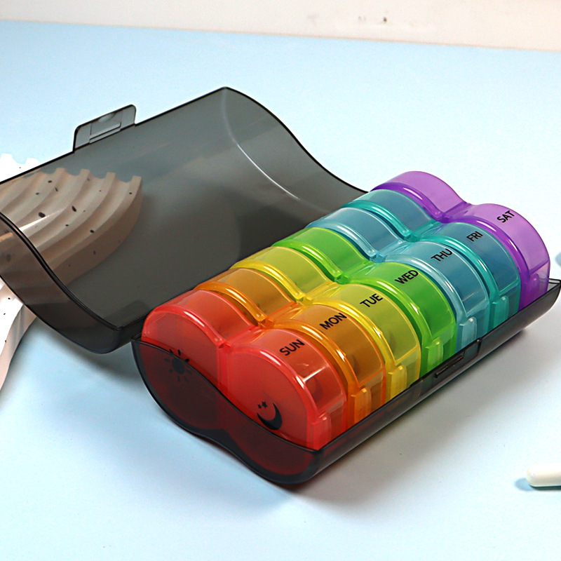 新款七天圆形迷你旅行防潮14格药盒 便携可拆分一周早晚分装药盒