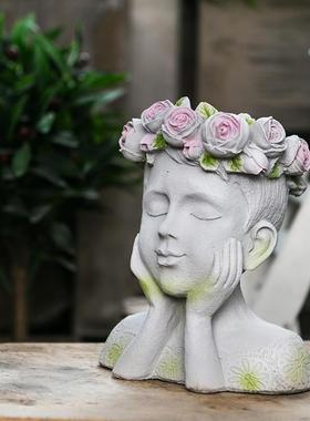 艺摆件盆栽器意计术家居设办公花环女孩SY004S17植物种植盆水泥装