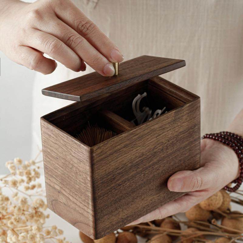 北985美黑胡桃实木带盖双格棉签木牙线牙签收纳盒面物杂收纳桌小,收纳整理,首饰盒,淘宝优惠券,粉丝福利购,淘宝优惠卷