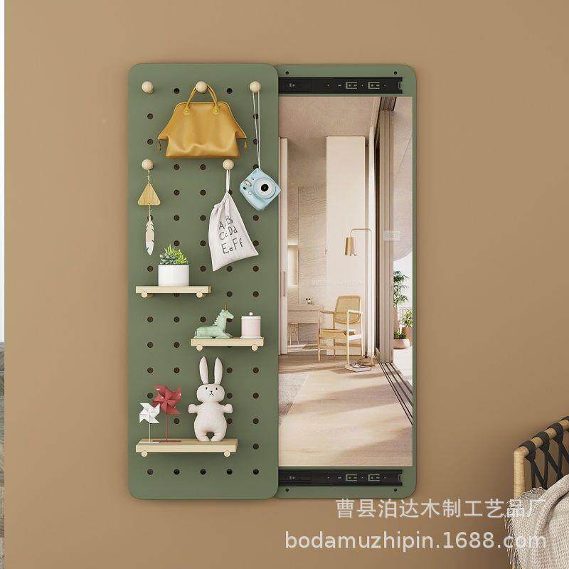 实木洞洞隐形穿木衣镜质玄关收纳架推拉镜装饰壁客厅挂衣咨询客服