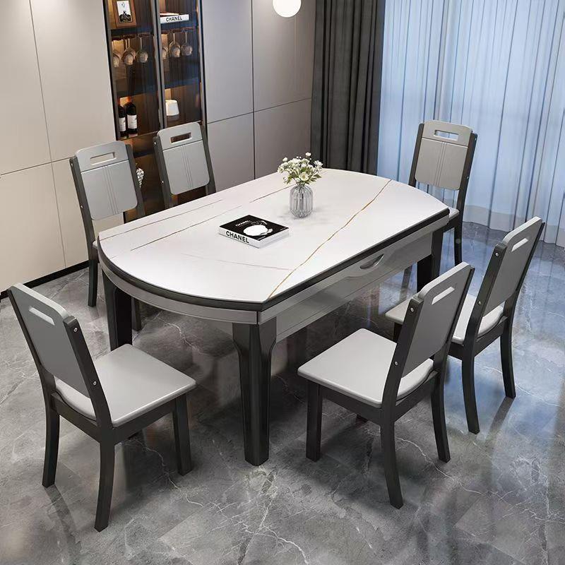 岩板餐餐椅组合现代可简2约轻奢桌家用小户实木饭桌伸缩折叠圆型