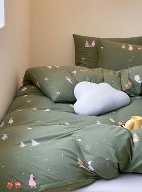 ABWC类四针织全棉可卡通印爱花四件天竺套棉床单床笠套件季通用床