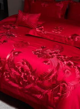 新中式结棉婚龙BLO凤刺绣长绒四件大红色棉婚套庆全婚庆六件套十
