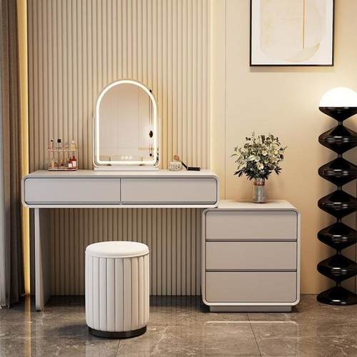 奶油风实主卧梳妆台卧室现化代简约化妆台柜伸木933缩一体妆桌2斗