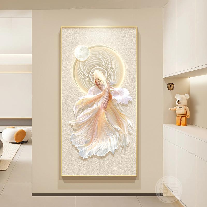 简约奶油风玄关装饰画入走过道锦鲤鱼挂廊客画户进门厅壁画FST寓